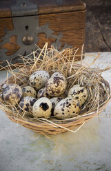 Nest aus Wachteleiern auf Papier mit Handschrift und Holzkiste - LVF000960