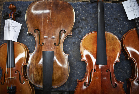 Geigen, die in einer Geigenbauwerkstatt repariert werden, lizenzfreies Stockfoto