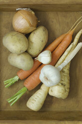 Parsnios, carrots, potatos, onions and garlic in wooden bowl - ASF005323