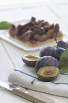 Pflaumen, Prunus domestica, Zwetschgenkuchen im Hintergrund - ASF005327