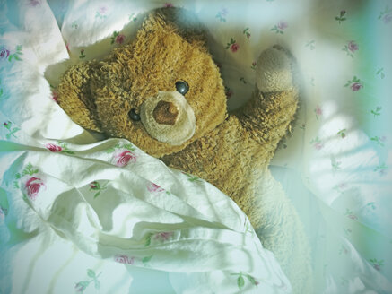 Teddybär im Bett liegend, Deutschland - UWF000074