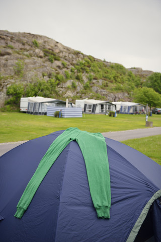 Sweden, Kungshamn, Camping at rock face stock photo