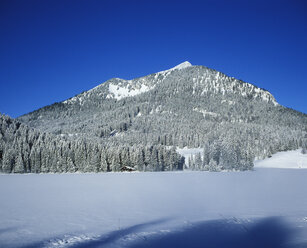 Deutschland, Bayern, Oberbayern, Mangfallgebirge, Brecherspitze und zugefrorener Spitzingsee - SIEF005275