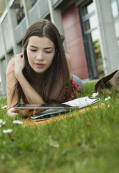 Young woman using digital tablet in meadow - UUF000293