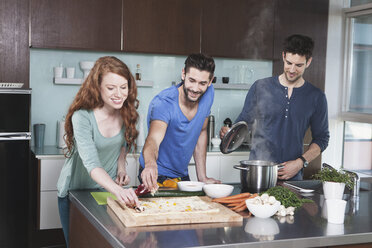 Portrait of three friends cooking together - RBF001677