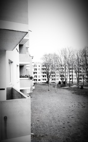 Retro style photography of the balconies of a residential neighborhood from the 50's Bremen, Germany stock photo