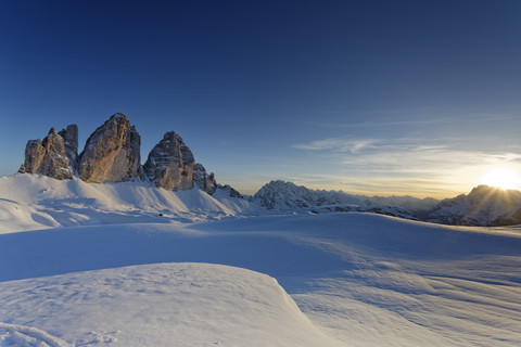 Italy, Alto Adige, Sexten Dolomites, Hochpuster Valley, Tre Cime di Lavaredo in the evening stock photo