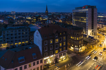 Denmark, Aarhus, view to city center at blue hour, view from above - WEF000057