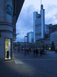 Germany, Hesse, Frankfurt, Shops in the city at dusk - AMF002177