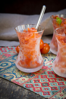 Glasses of tomato granita and cherry tomatoes - LVF001096