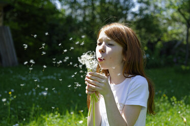 Portrait of girl blowing a blowball in garden - LBF000689