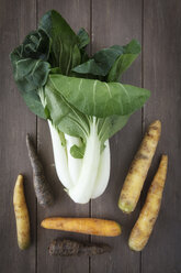 Chinese cabbage and different sorts of carrots on wooden table - EVGF000541