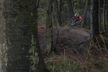 Germany, Lower Saxony, Deister, Bike Freeride in forest - MUMF000050