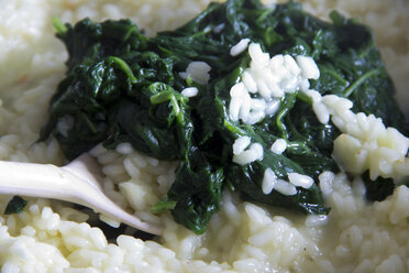 Risotto mit Spinat in einer Pfanne mit Holzlöffel - YFF000106