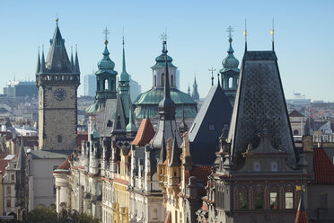 Czechia, Prague, along Parizska street, Houses and Towers of Townhall and St Nicholas Church - RD001278