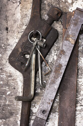 Germany, Bavaria, Josefsthal,allen keys and angle measure at historic blacksmith's shop - TCF003932