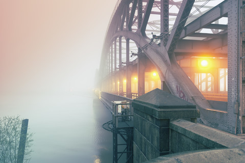 Germany, Hamburg, Freihafenelbbruecke, morning mist stock photo