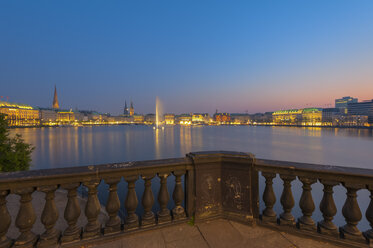 Germany, Hamburg, Binnenalster with skyline after sunset - RJF000121