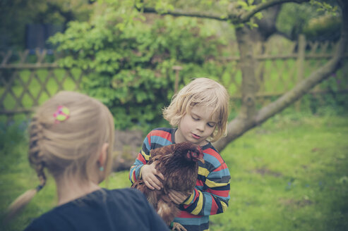 Zwei Kinder mit Hühnern im Garten - MJF001105