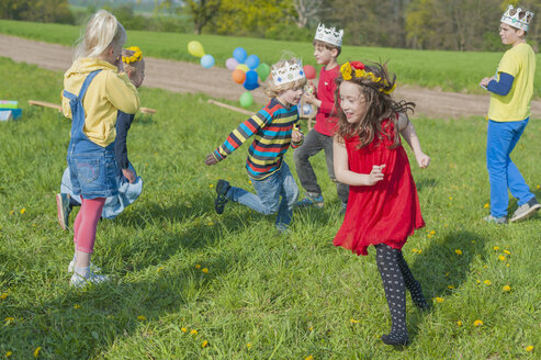 Gruppe von Kindern spielt auf einer Wiese - MJF001159