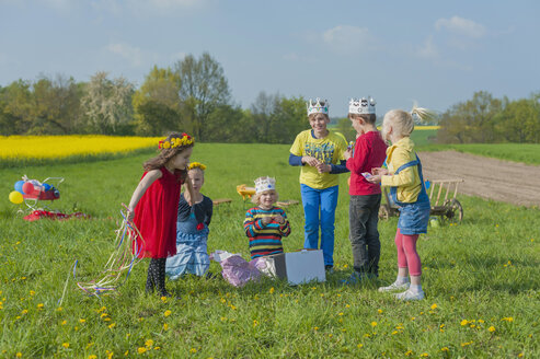 Gruppe von Kindern spielt auf einer Wiese - MJF001125