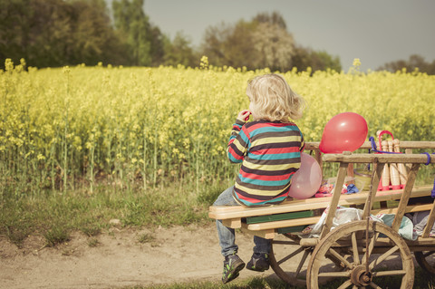 Kleiner Junge sitzt auf einem Holzwagen, Rückenansicht, lizenzfreies Stockfoto