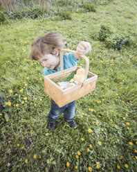 Glücklicher kleiner Junge mit Korb, der im Garten tanzt - ZMF000271