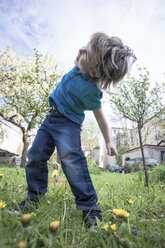 Glücklicher kleiner Junge tanzt im Garten - ZMF000272