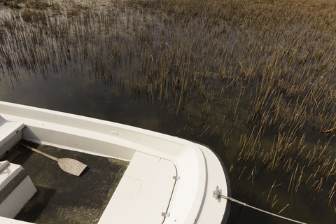 Deutschland, Mecklenburg-Vorpommern, Hiddensee, Teil des Bootes am Bodden, lizenzfreies Stockfoto