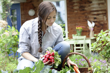 Young woman with red radishes in vegetable garden - SGF000634