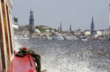 Germany, Hamburg, harbor tour with St. Michaelis Church in background - DHL000426