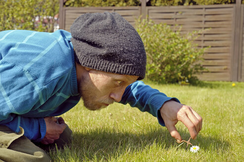 Man cutting daisy with miniatur scissors - HACF000110