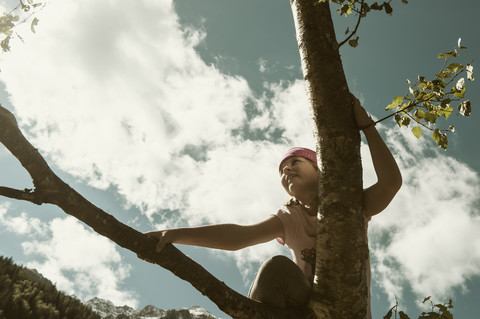 Girl climbing on tree stock photo