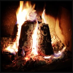 brennende, verkohlte Holzscheite, die im Ofen stehen - SRSF000469