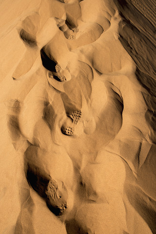 Africa, Namibia, Sossusvlei, Footmarks in the sand dune stock photo