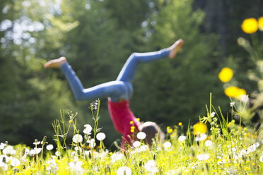 Teenager-Mädchen macht Handstand auf einer Blumenwiese - WWF003304