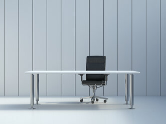 Bürostuhl und Konferenztisch vor grauer Wandplatte, 3D Rendering - UWF000106