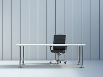 Office chair and conference table in front of grey wall panel, 3D Rendering - UWF000106