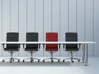 Four office chairs and conference table in front of grey wall panel, 3D Rendering - UWF000103