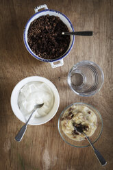 Zutaten für zuckerfreies Rhabarber-Quark-Dessert mit geriebenem Schwarzbrot, gehobene Ansicht - EVGF000568