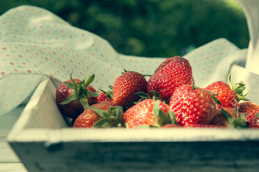 Hölzerne Schale mit Erdbeeren und Tuch im Garten - LVF001250