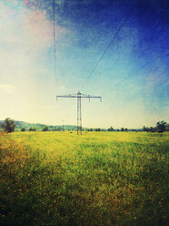 Germany, Baden-Wuerttemberg, near Tuebingen, power lines, electricity pylon on flower meadow - LVF001271