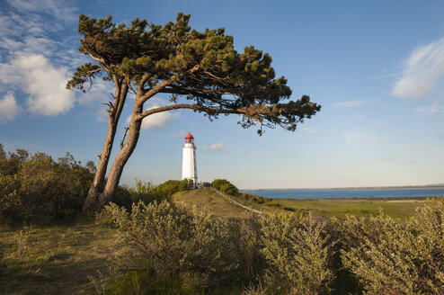 Deutschland, Mecklenburg-Vorpommern, Ostsee, Leuchtturm auf der Insel Hiddensee im Sonnenuntergang - RJ000138