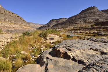 Afrika, Algerien, Tassili N'Ajjer National Park, Iherir, Menschen wandern in der Nähe eines Guelta in der Idaran-Schlucht - ES001108