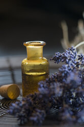 Lavendelöl in einer Glasflasche, Lavendelzweige, Lavandula angustifolia - ASF005361