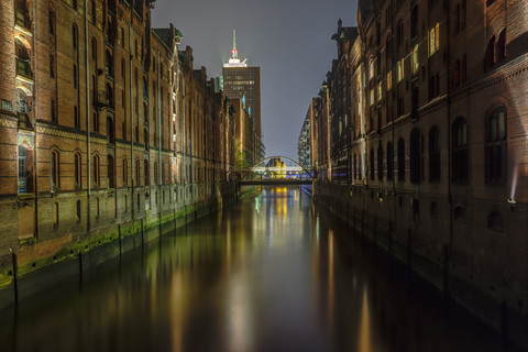 Germany, Hamburg, Bridge over canal in the old warehouse district stock photo