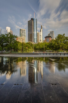 Germany, Hesse, Frankfurt, view to Main Tower with water reflection in the foreground - TIF000052