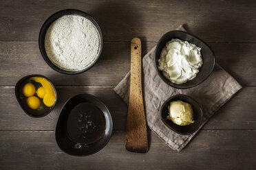 Baking ingredients of gluten-free and sugar-free rhubarb cake, elevated view - EVGF000576