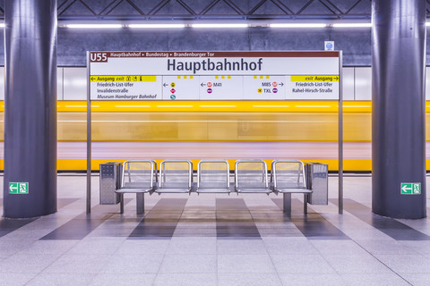 Germany, Berlin, modern architecture of subway station Hauptbahnhof, central station, with moving underground train stock photo