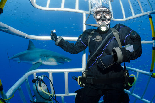 Mexico, Guadalupe, Pacific Ocean, scuba diver in shark cage with white shark, Carcharodon carcharias, in the background - FGF000010